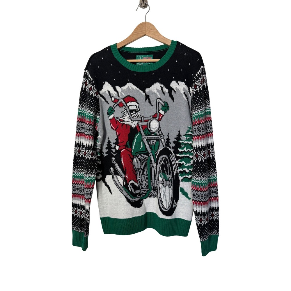 Ugly Christmas Sweater‎ Santa on Motorcycle Party Holiday Medium Mens